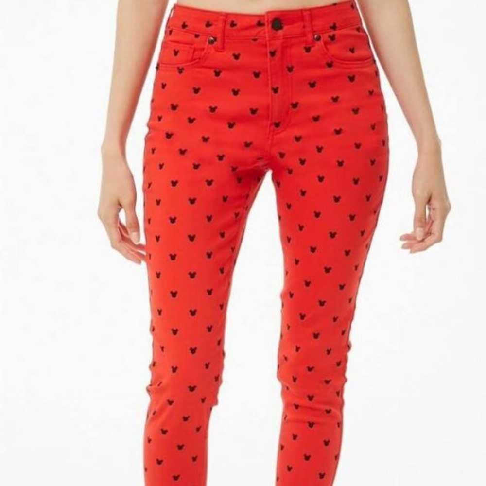 Forever 21 Red Skinny Jeans with Black Heart Print